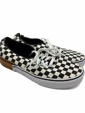 Vans Black & White Checkerboard Low Top Sneakers with Tan Heel Accent